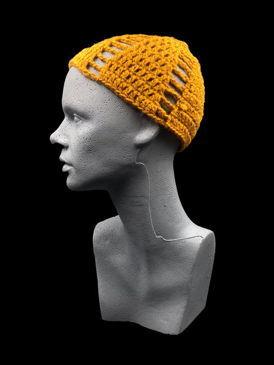 Handmade crochet beanie, mustard. Designed for a unisex fit, one size.