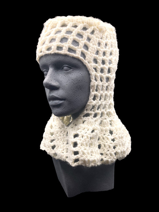 Handmade crochet balaclava with an open-face design, white. Designed for a unisex fit, one size fits all.
